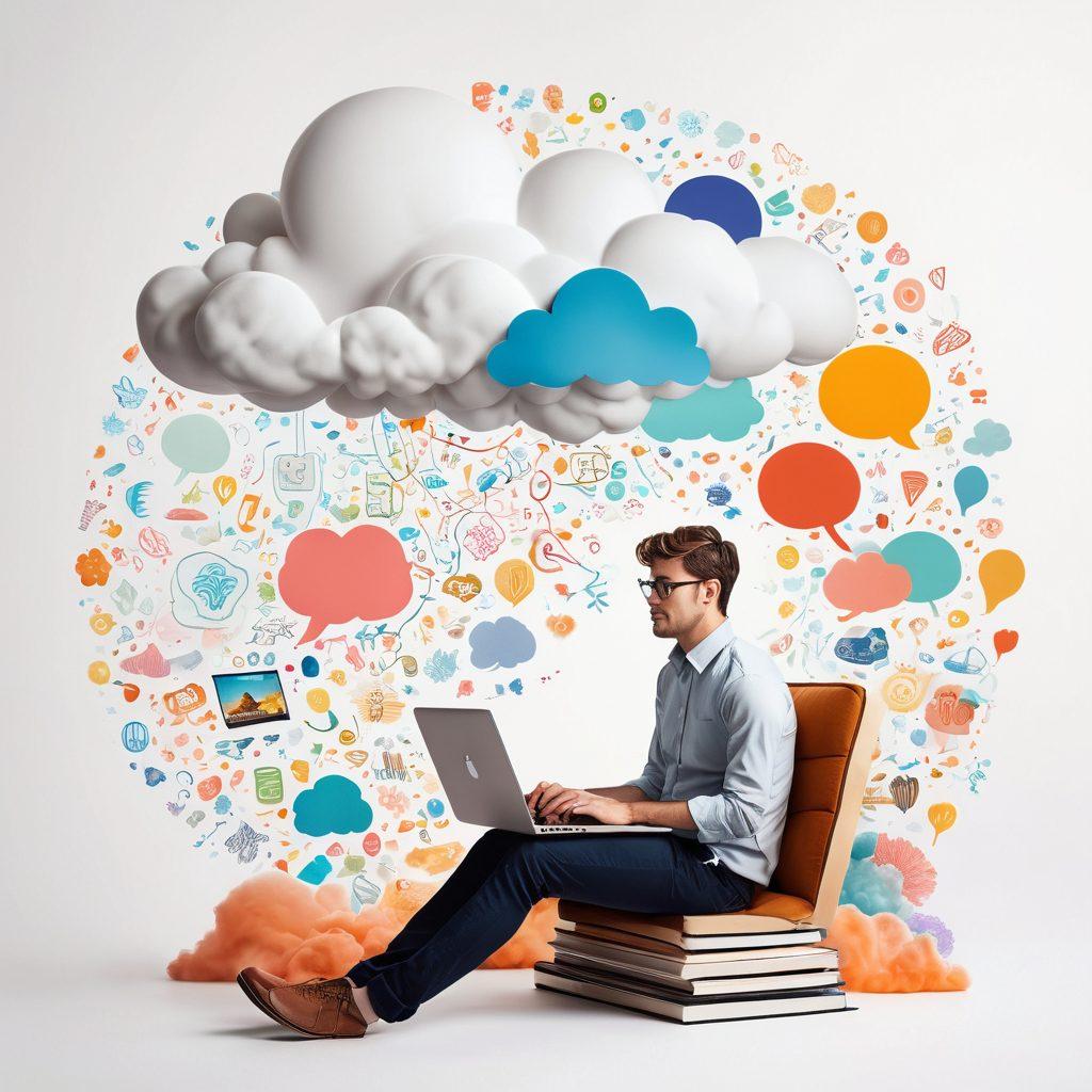 A whimsical illustration of a person sitting at a laptop surrounded by vibrant thought bubbles filled with ideas, words, and miniature illustrations representing different blog topics. Soft, dream-like clouds float in the background, symbolizing the journey of expression. The scene is lively and colorful, evoking creativity and inspiration. super-realistic. vibrant colors. white background.