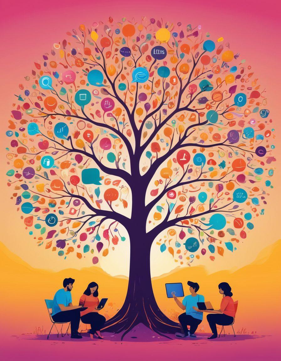 A whimsical, vibrant illustration of a diverse group of people engaging in storytelling around a large, colorful tree symbolizing TinyU's impact on the blogosphere. The tree branches extend into digital devices and social media icons, representing virtual storytelling. The background features a soft gradient sunrise, symbolizing new ideas and creativity blossoming. Include elements like books, quills, and colorful speech bubbles to enhance the narrative theme. vector art. vibrant colors. soft gradient.