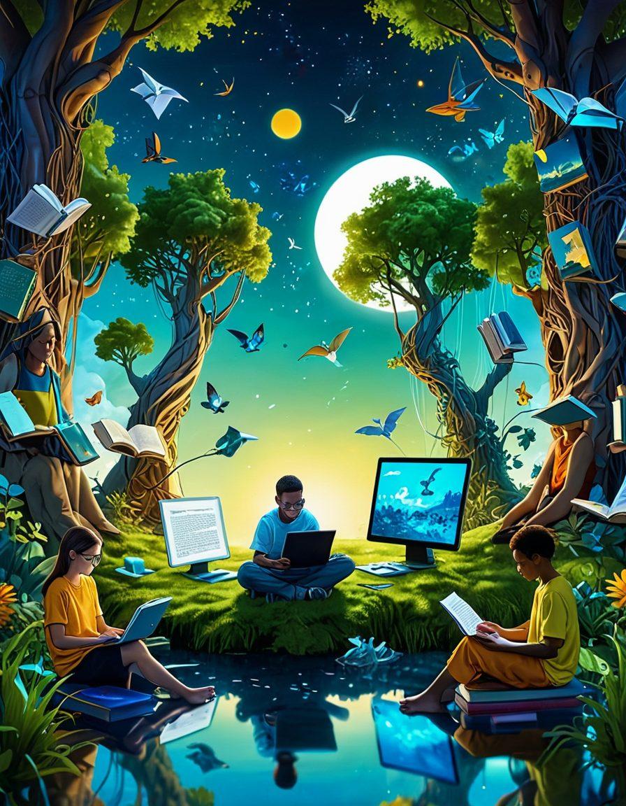 A vibrant digital landscape filled with diverse characters sharing stories through various devices, like tablets, laptops, and smartphones. Incorporate elements of imagination, such as floating books and whimsical creatures, to represent creativity and expression. The scene should radiate with colors that evoke inspiration and excitement. Include a backdrop of a connected world with network lines and abstract visuals representing digital storytelling. super-realistic. vibrant colors. digital art.